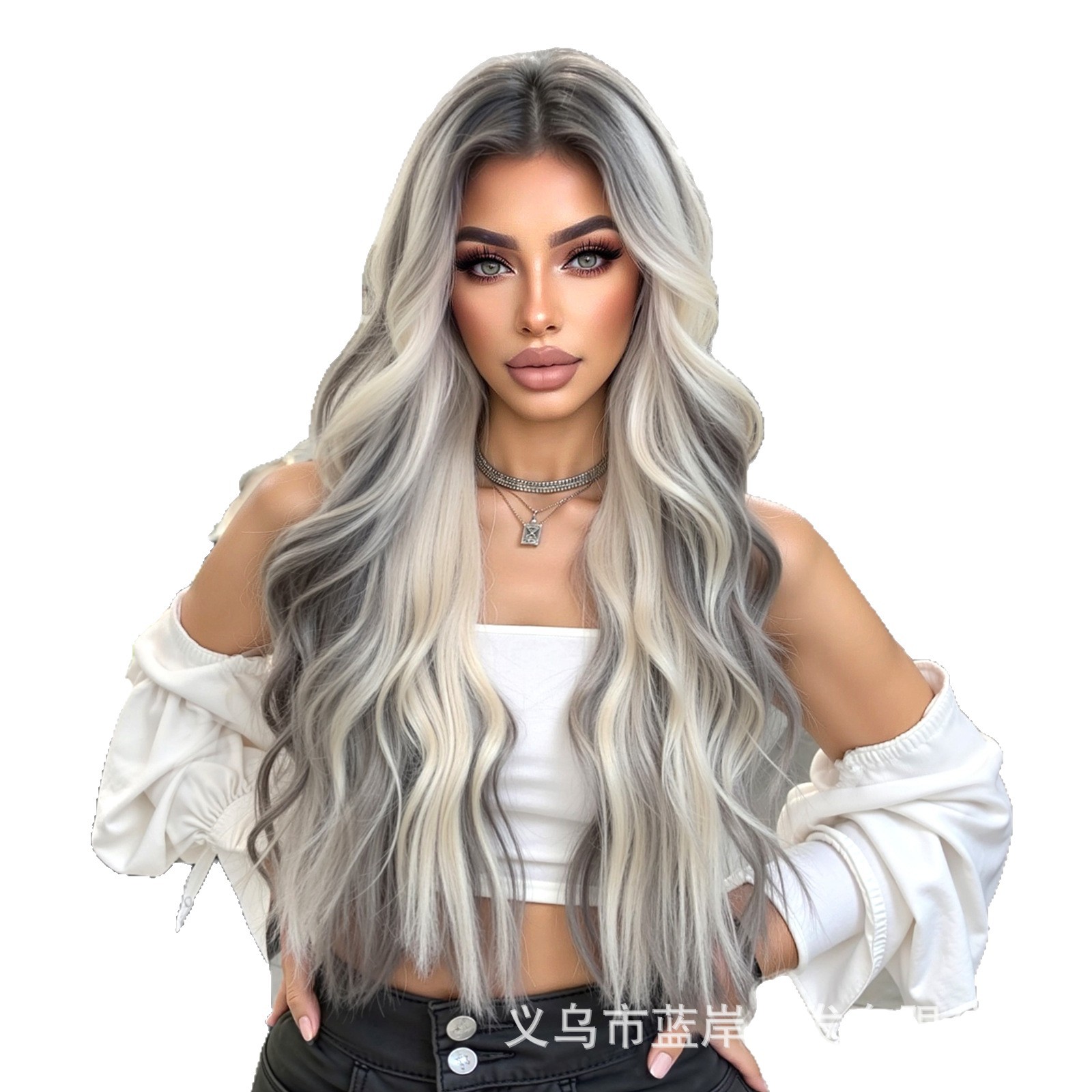 Peluca transfronteriza europea y americana para mujer, cubierta completa para la cabeza, parte media tejida a mano, color tinta, cabello largo y rizado de moda, pelucas de cabello de fibra química