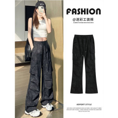 黑色扎染工装裤女春秋2025新款高腰直筒阔腿小个子迷彩登山运动裤