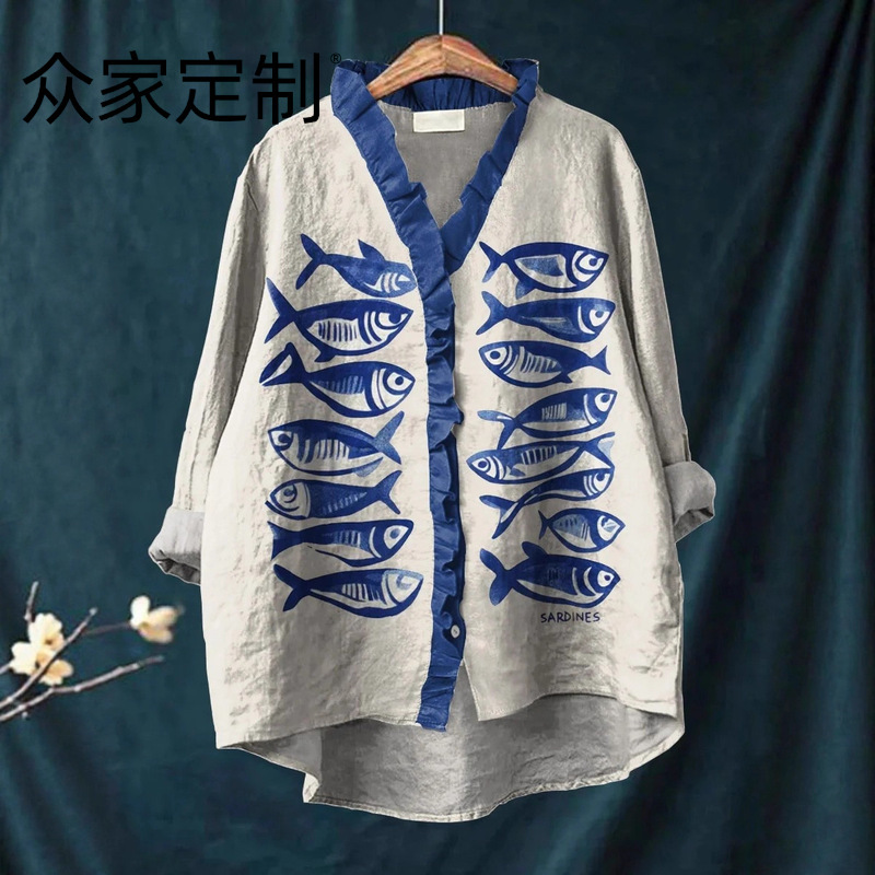 2025 Summer New Style Temu Amazon Aliexpress Loose Printed Casual Large Size Lace Women's Shirt E888