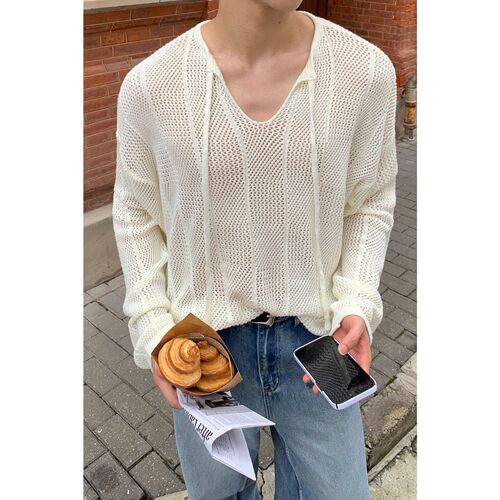 Men's V-neck Knit Sweater with Lacy Mesh Long Sleeve Outerwear, Casual Trendy Style for Spring and Autumn (Korean Version)
