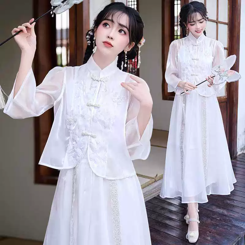 Настоящая фотография нового комплекта юбки в китайском стиле с воротником-стойкой и жаккардовой вышивкой, сетчатой ​​сеткой со средними рукавами и улучшенными подтяжками в стиле Ханфу в стиле ретро.