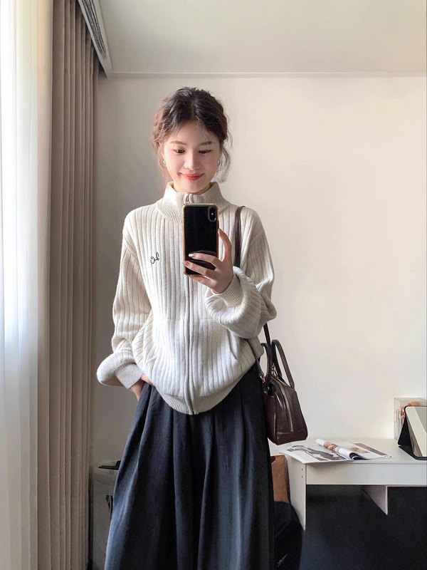 半高领灰色毛衣开衫外套女秋冬季2025新款慵懒风宽松针织上衣外搭|undefined