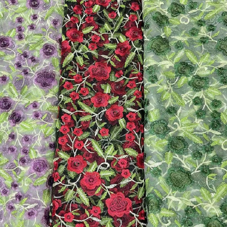 厂家直销新款DIY重工绣汉服童装网纱布料蕾丝花边 双色芙蓉绣面料