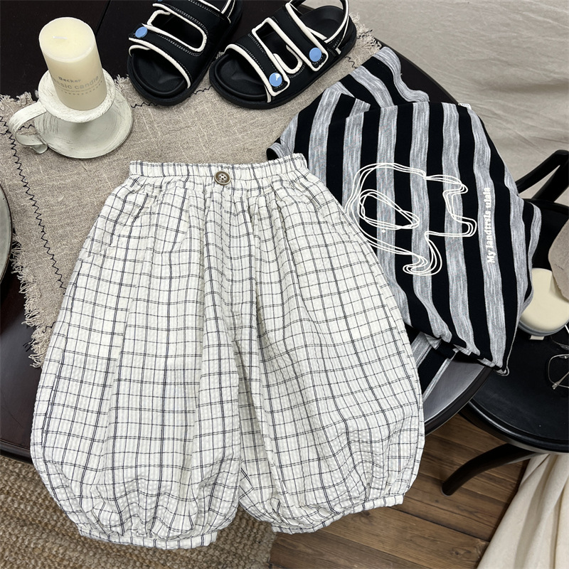 Super Cool~ Japanese Style Artistic Children's Cute Pumpkin Pants for Boys, Plaid Cotton and Linen Lantern Cropped Pants for Summer