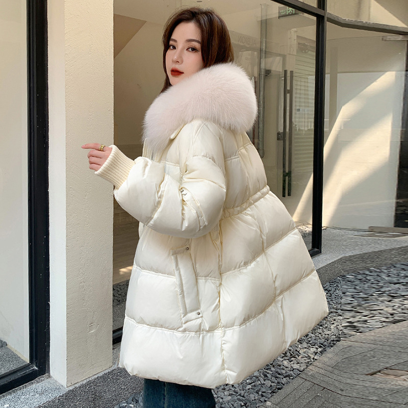 High-End White Duck down Oversized Fur Collar down Jacket for Women Mid-Length Korean Style Thickeneded Warm Waist Fashionable Jacket