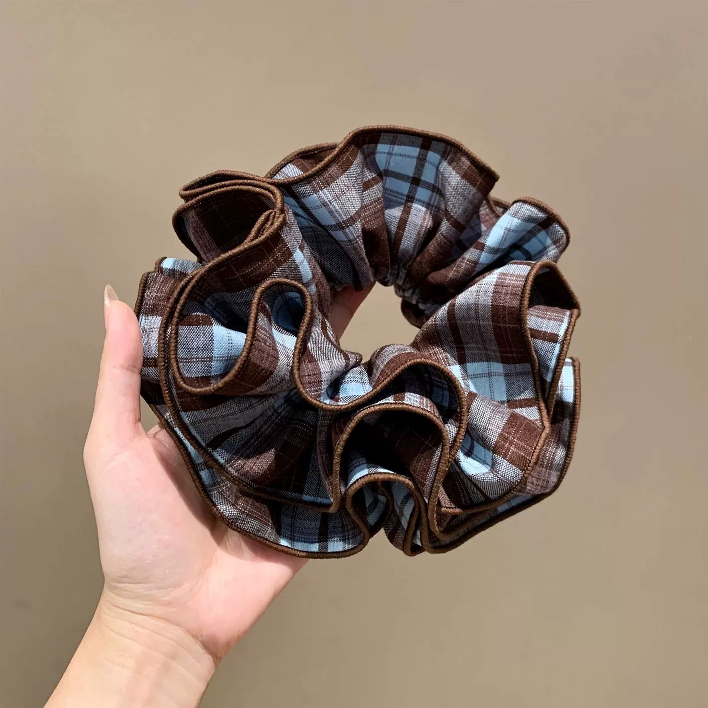 2# sea salt blue & coffee color block plaid hair tie, approximately 16cm