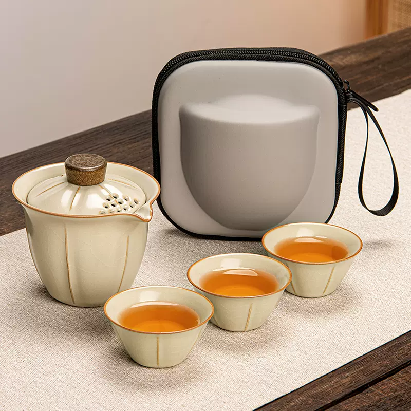 汝窑便携式茶具套装一人泡茶壶茶杯功夫茶具户外旅行包喝茶快客杯