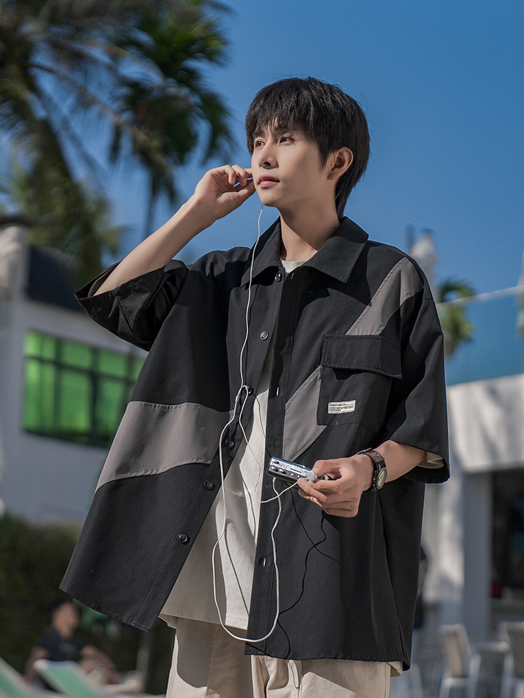 Diseño de costura camisa de manga corta de los hombres de verano japonés Cityboy suelta casual solapa ropa de trabajo camisa chaqueta