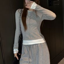 工厂韩版假两件正肩长袖t恤女设计感撞色拼接内搭上衣休闲打底衫