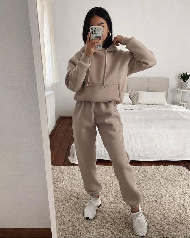Damen Hoodie Langarm Kapuzenpullover Mit Taschen Einfarbig Casual_voghion.com