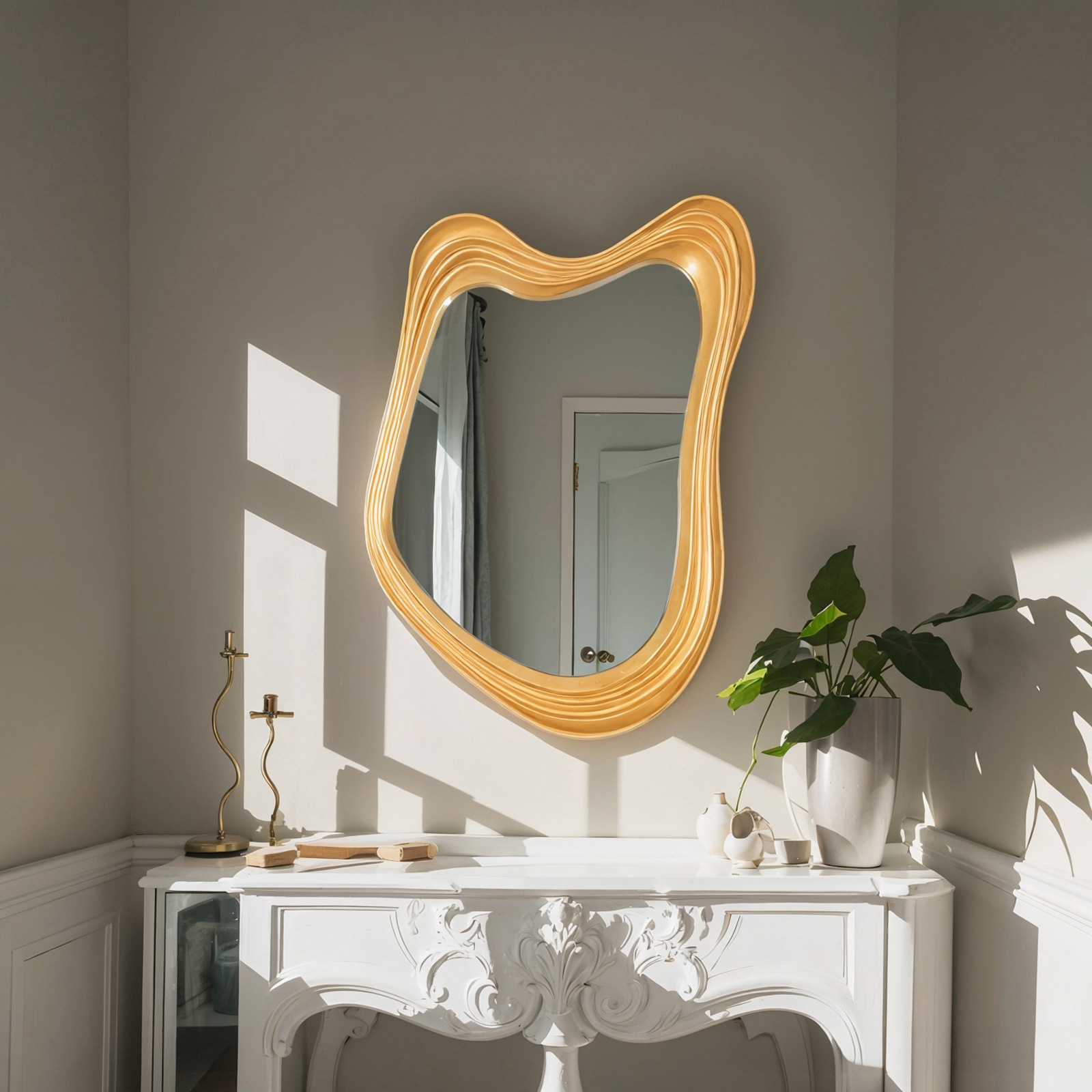 French Water Ripple Bathroom Mirror, Home Bathroom Wall-Mounted Special-Shaped Cosmetic Mirror, American Entrance Hall Living Room Decorative Mirror