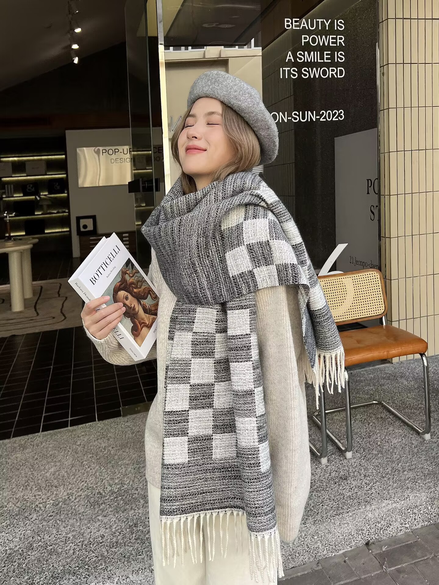 Korean Fashion Classic Autumn and Winter Imitation Cashmere Scarf Women's Versatile Double sided Thickened Warm Mesh Red_voghion.com