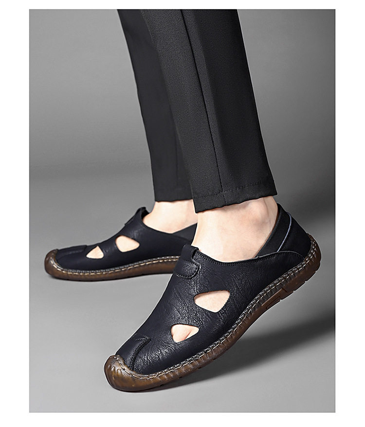 Giày sandal da nam thủ công đan dây, thoáng khí khoét lỗ, kiểu bao đầu — Màu kaki, màu đen chi tiết 10