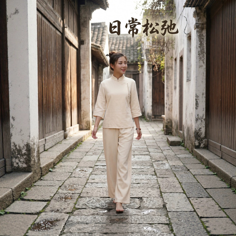 New Chinese-Style Linen Meditation Clothing Set for Women, Spring and Autumn, with Traditional Chinese Buttons, Tea Attire, Layperson Clothing, Loose Cotton-Linen Yoga and Meditation Practice Wear