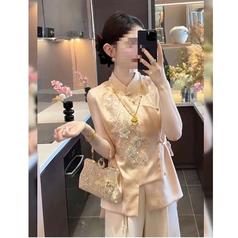 夏季洋气一整套女新中式改良旗袍无袖上衣阔腿裤子感时尚套装|undefined
