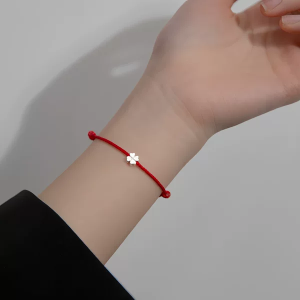 S925 Sterling Silver Plated Korean Style Simple and Fashionable Four-Leaf Clover Red String Bracelet Summer Fresh and Simple Jewelry for Dragon Boat Festival