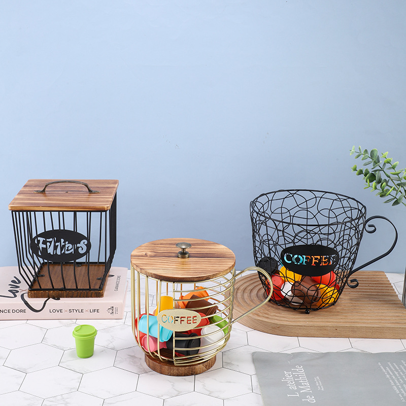 Cápsulas de café de hierro forjado con tapa de nórdico almacenamiento de metal azul gran capacidad de almacenamiento cesta de mesa de taza de agua estilo cesta de frutas