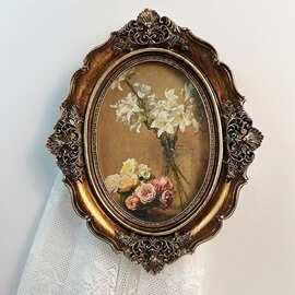 金色欧式轻奢7油画雕花摆台法装饰画古典桌面摆件相框复古花朵寸