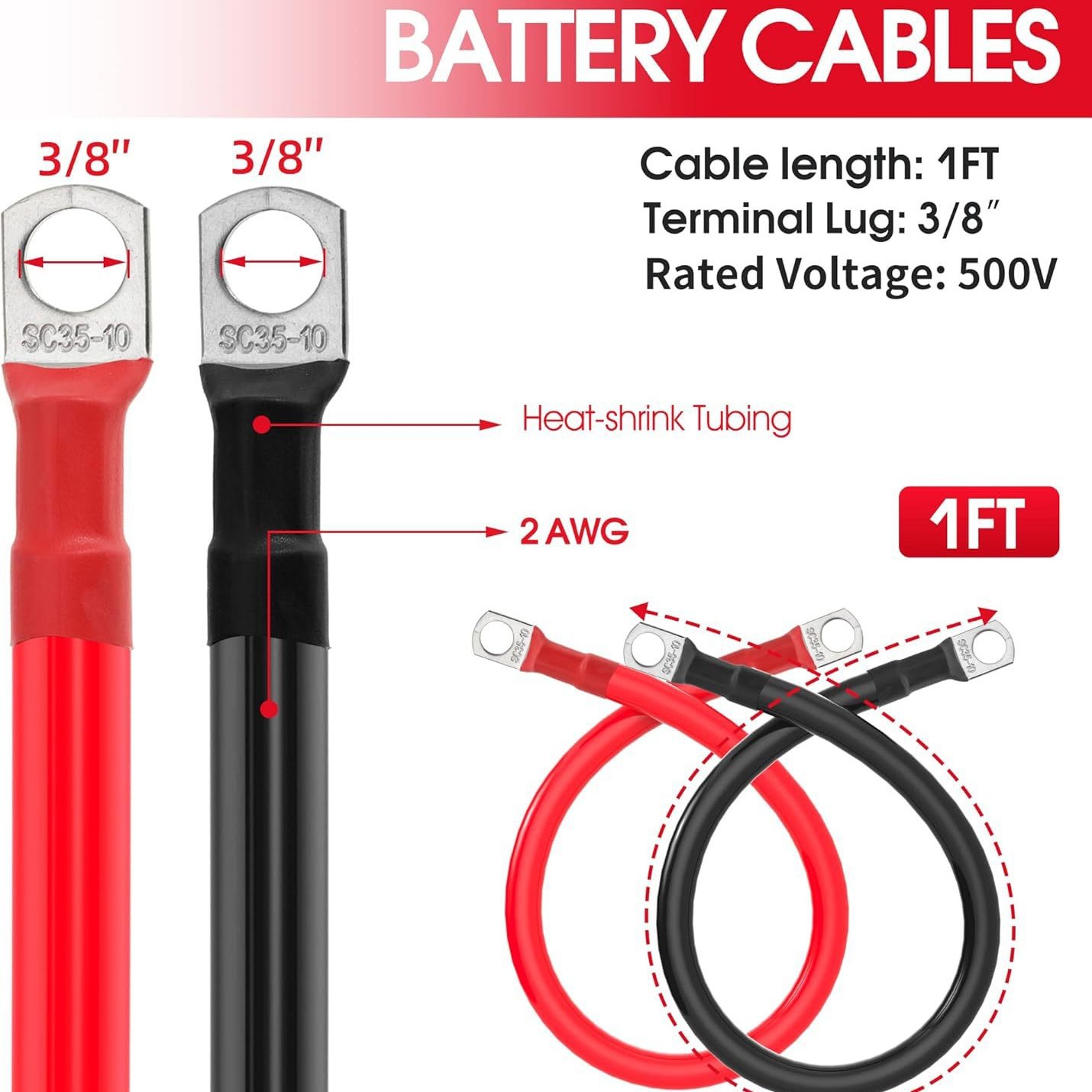 跨境专供2AWG汽车电瓶连接线铜线电瓶搭火线太阳能电缆线汽车配件