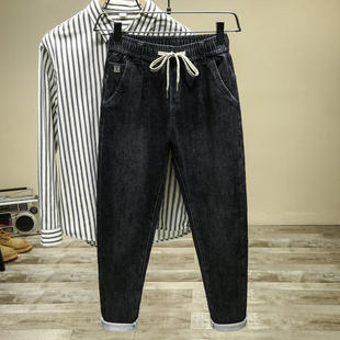 Tie Elastic Waist Jeans Men's Spring and Summer Slim Fit Small Feet 2025 New Embroidered Elastic Casual Long Pants