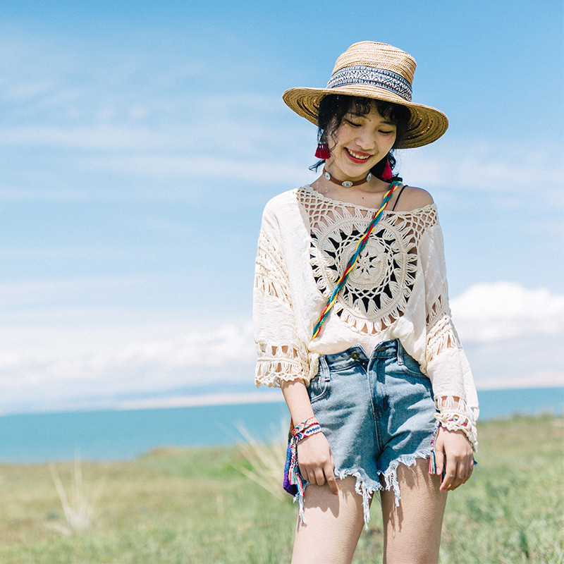 Sexy Pullover Hook Hollow Half-round Knitted Shirt Beach Blouse Top Summer Seven-point Sleeve Cotton and Linen Hot Spring Shirt 2025
