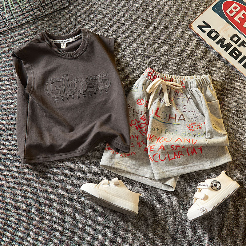 5377 Traje de verano para niños Ropa del tesoro para hombres Chaleco sin mangas para niños Pantalones cortos Chaleco delgado de dos piezas de moda