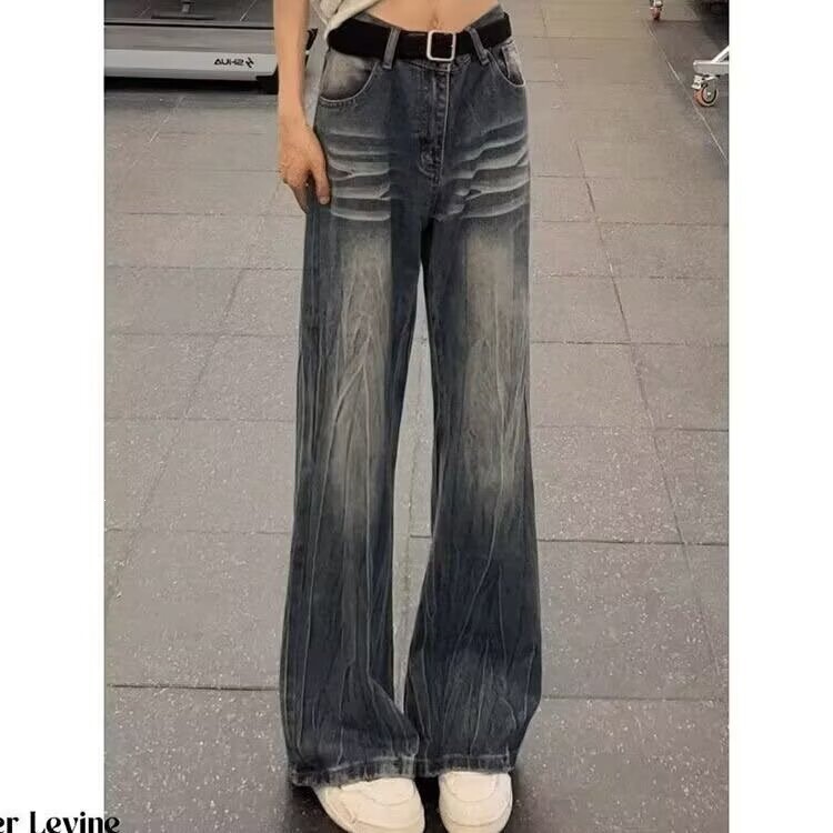 Foreign trade American high street lightning crack micro-flare jeans for men and women, trendy brand cleanfit washed straight long pants Foreign trade American high street lightning crack micro-flare jeans for men and women, trendy brand cleanfit washed straight long pants