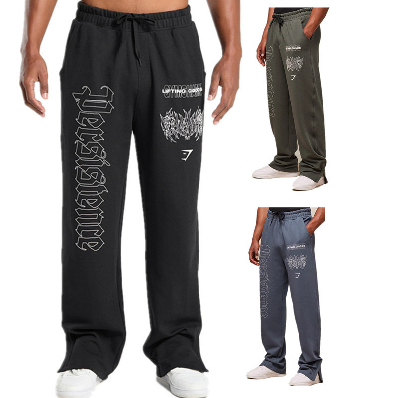 Gym American Muscle Fitness Sports Running Pants Casual Trendy Brand Printed Ankle Zipper Loose Straight Pants