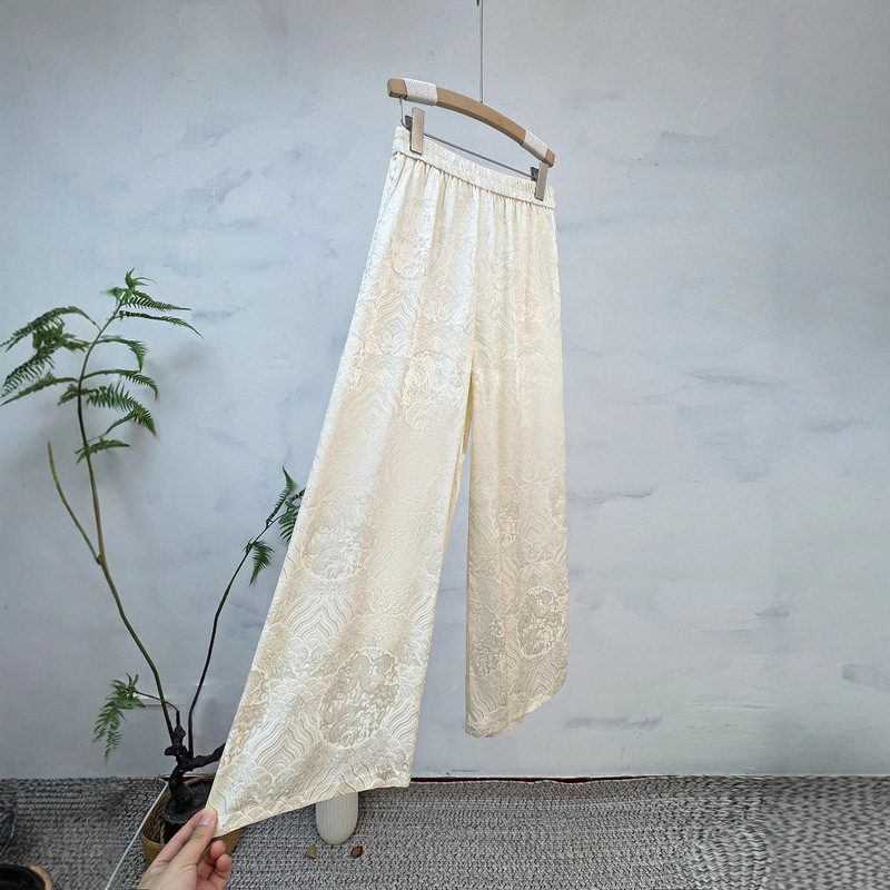 New Chinese Style Satin Jacquard Straight Pants for Women 2025 Summer New Elastic High Waist Pants Simple Cool Casual Pants New Chinese Style Satin Jacquard Straight Pants for Women 2025 Summer New Elastic High Waist Pants Simple Cool Casual Pants