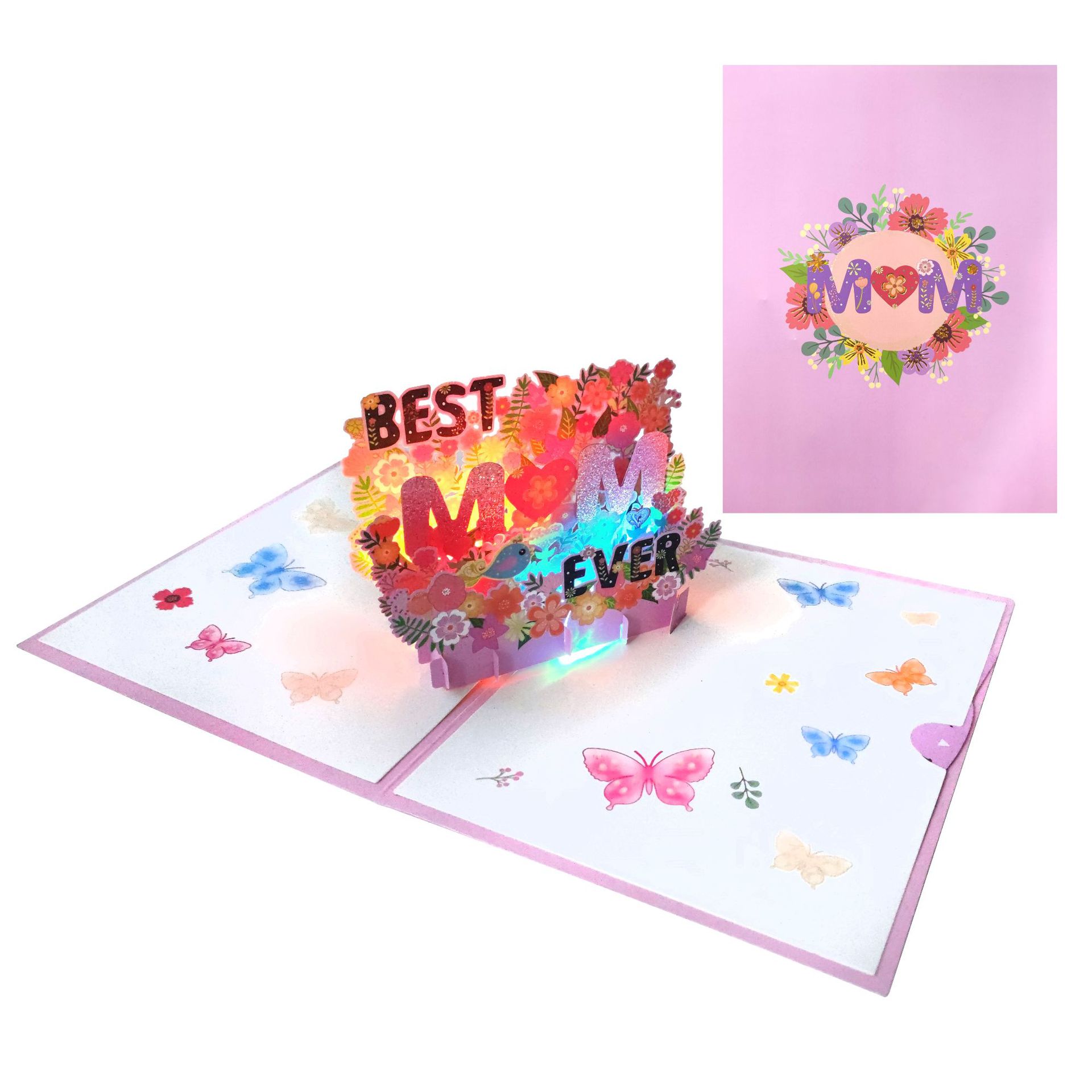 新品热销有音乐BEST MOM七彩闪灯立体卡母亲节祝福贺卡