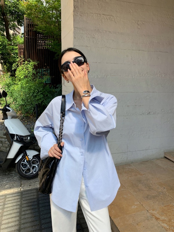 pusumede白色长袖衬衫女春季新款韩系宽松休闲衬衣设计感小众上衣|undefined