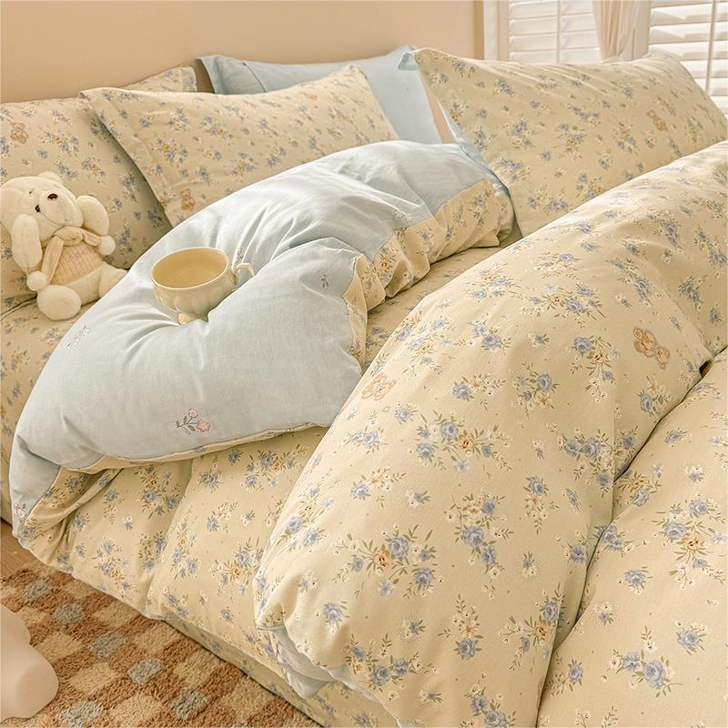 Algodón de cuatro piezas de ropa de cama de algodón 2025, nuevo edredón de flores frescas, sábanas de dormitorio de tres piezas de cuatro estaciones