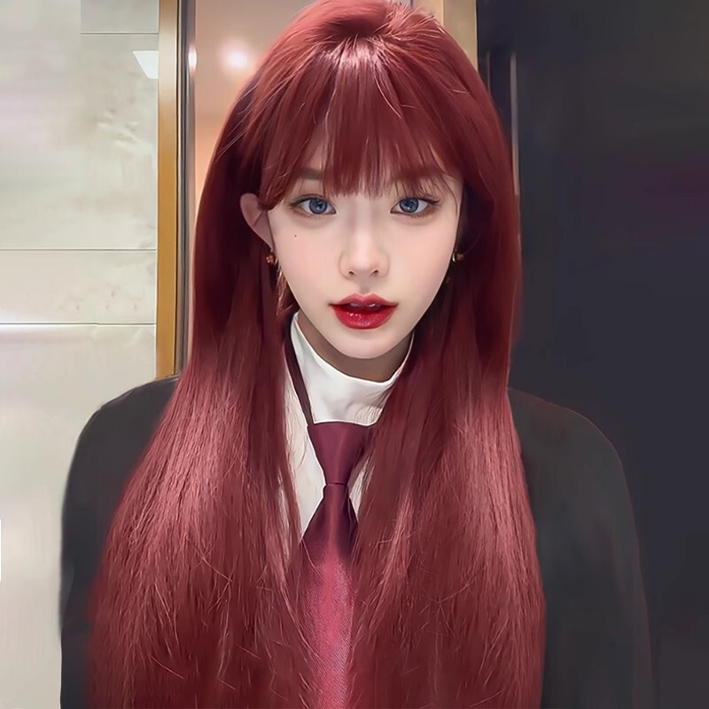 Wig female Daily long straight hair lolita Internet celebrity realistic natural person fish rose Sea King red long hair jk full head cover