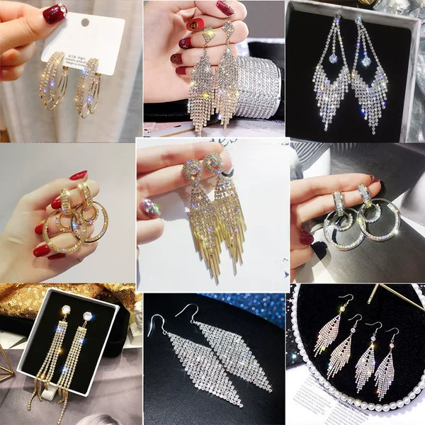 European and American Fashion Exaggerated Full Diamond Tassel Earrings Women's Temperament Socialite Long Earrings Internet Celebrity Earrings for Face Skinny Earrings