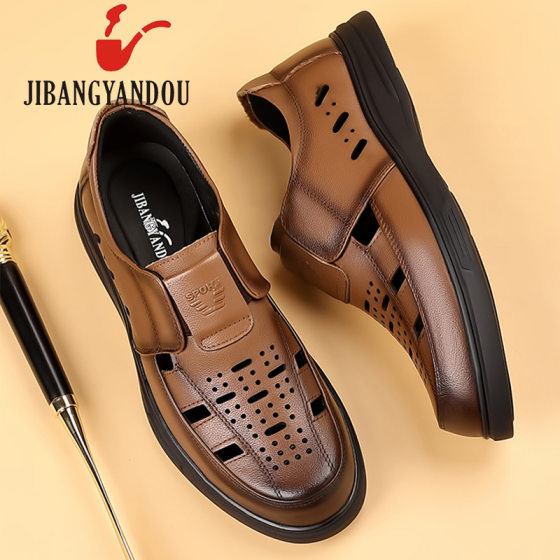 Jibang pipe perforated sandals top layer pure cowhide leather insole leather soft bottom soft surface