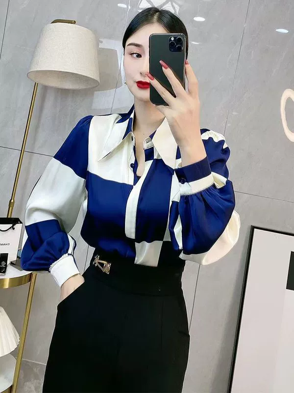 Осень 2022 клетчатая свободная атласная шифоновая маленькая рубашка в стиле пэчворк пригородная Простая рубашка с большим заостренным воротником и рукавами-фонариками