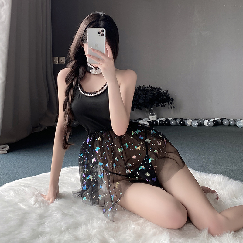 섹시한 란제리 여성의 순수한 욕망 달콤하고 Nifty Butterfly Sequins Princess 원피스 유니폼 비 이륙 파자마 세트 2794