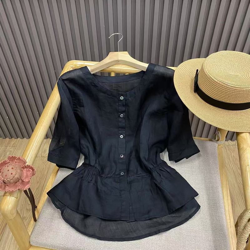圆领苎麻短袖压褶衬衫简约百搭文艺纯色宽松薄款上衣女C880120|undefined