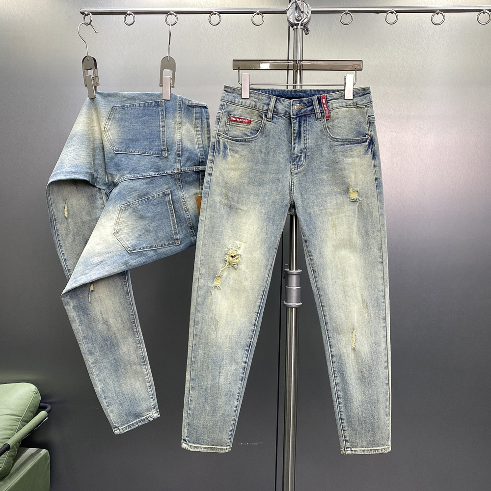 Men's Ripped Korean Style Slim Fit Handsome Skinny Pants Spring Autumn Youth Fashion Stretch Jeans_viptrois.com