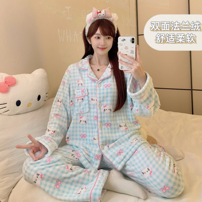 法兰绒睡衣女秋冬季新款韩系卡通条纹长袖加厚保暖少女家居服套装|undefined