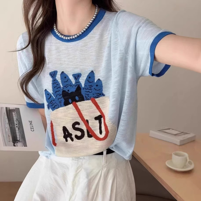 Blue Cartoon Thin Short-Sleeved T-Shirt Korean Style Super Nice Unique and Beautiful Top 2026 Summer