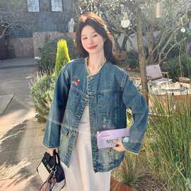 蓝色设计感复古刺绣牛仔短外套女2026秋季新款夹克氛围感减龄上衣