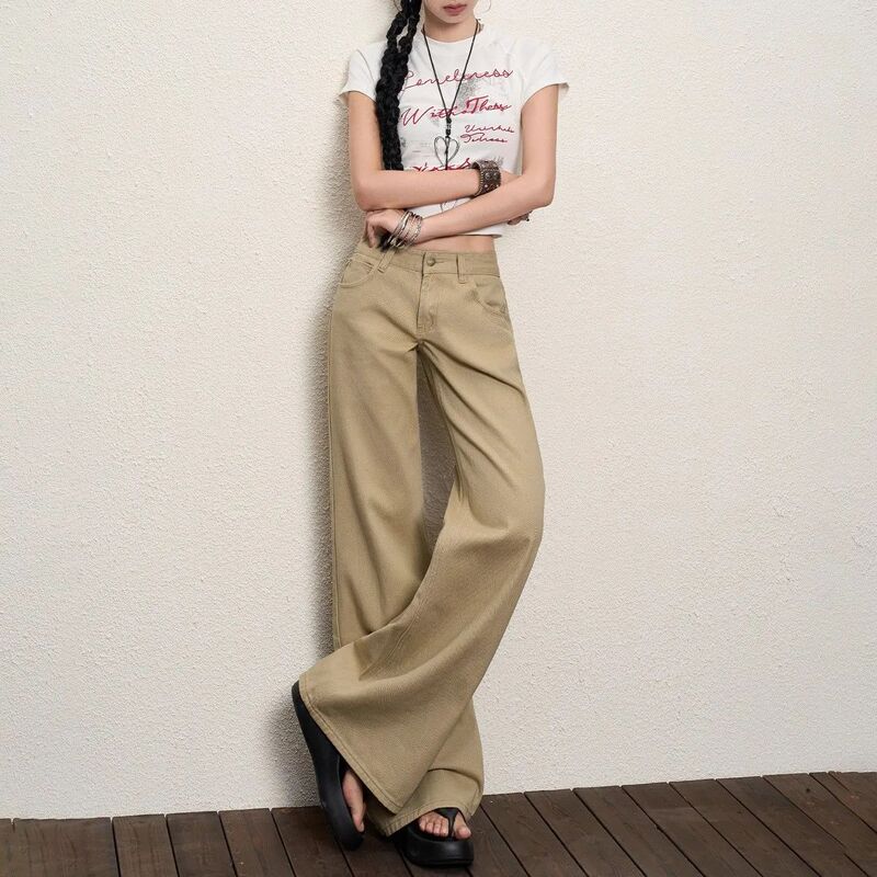 美式卡其牛仔裤女2025夏新款低腰辣妹复古拖地不贴腿显瘦微喇叭裤|undefined