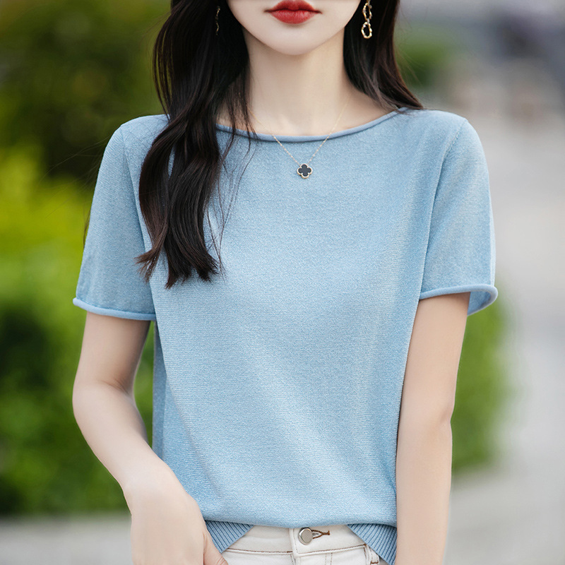 Summer Women's New Style Curved Bead Ice Linen Silk Short-Sleeved Women's Knitwear T-Shirt Women's Round Neck Vest Jacquard Export Wholesale Summer Women's New Style Curved Bead Ice Linen Silk Short-Sleeved Women's Knitwear T-Shirt Women's Round Neck Vest Jacquard Export Wholesale