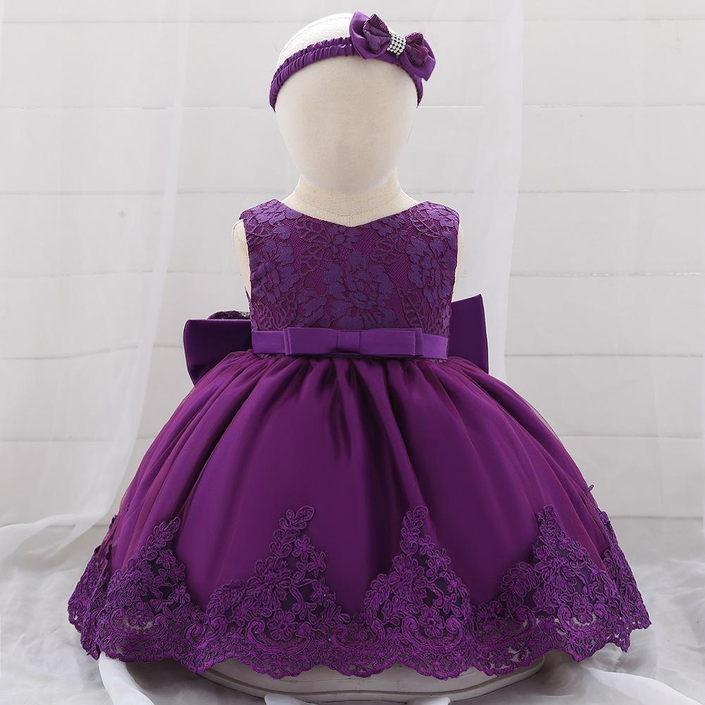 Vestido de bebé Amazon con lazo grande, vestido de novia de encaje, vestido de princesa, regalo para bebé de un año, diadema, superventas transfronterizo.
