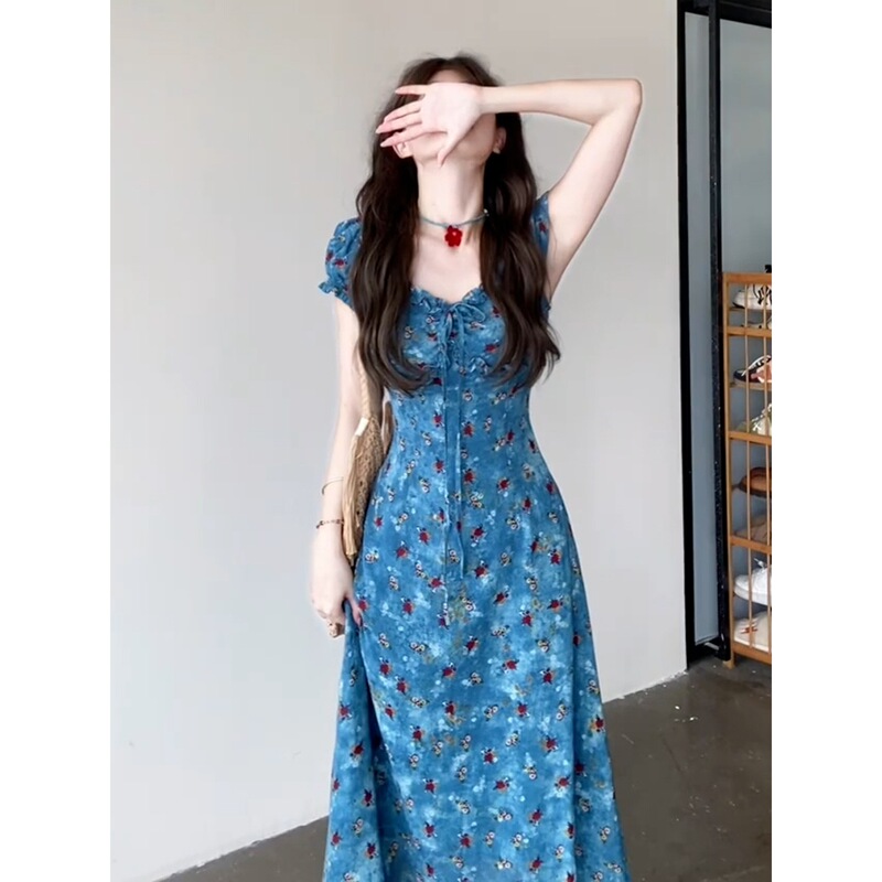 Summer's Most Beautiful French-Style Blue Floral Dress for Women, New 2026 Hot-Selling Long Dress for Petite Figures Summer's Most Beautiful French-Style Blue Floral Dress for Women, New 2026 Hot-Selling Long Dress for Petite Figures