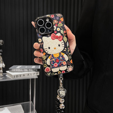 适用苹果17Promax手机壳带挂链新款电镀灰皮纹iphone15/16保护套