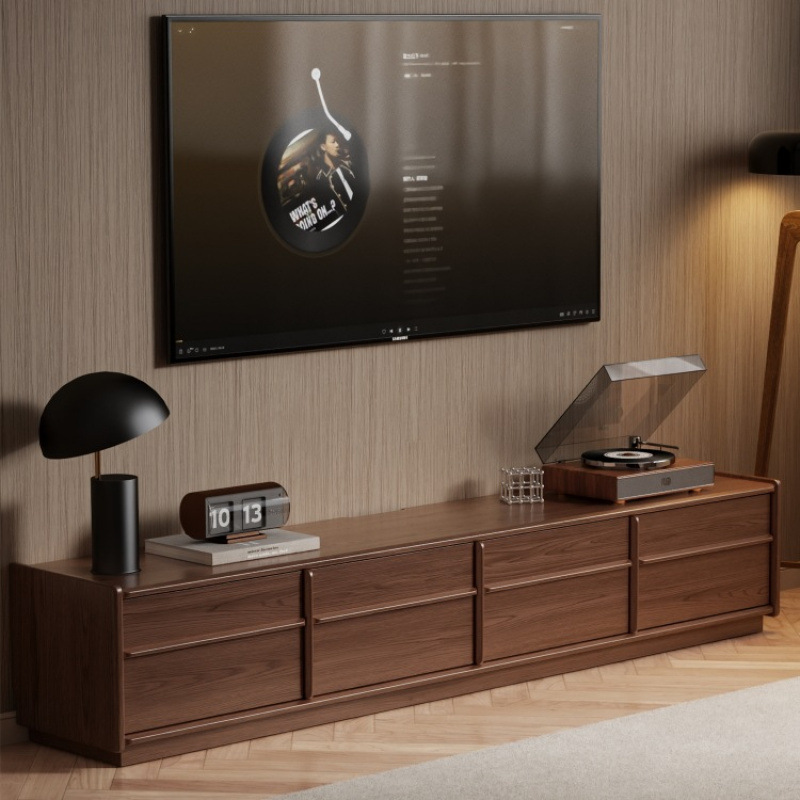 Solid Wood Skeleton Line Tv Cabinet Living Room Light Luxury Floor Cabinet Walnut Color Medieval Floor-Standing Small Apartment Tv Cabinet