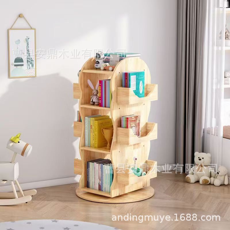Children's Rotating Bookshelf 360-Degree Bookcase Removable Solid Wood Environmentally Friendly Student Book Picture Book Storage Rack