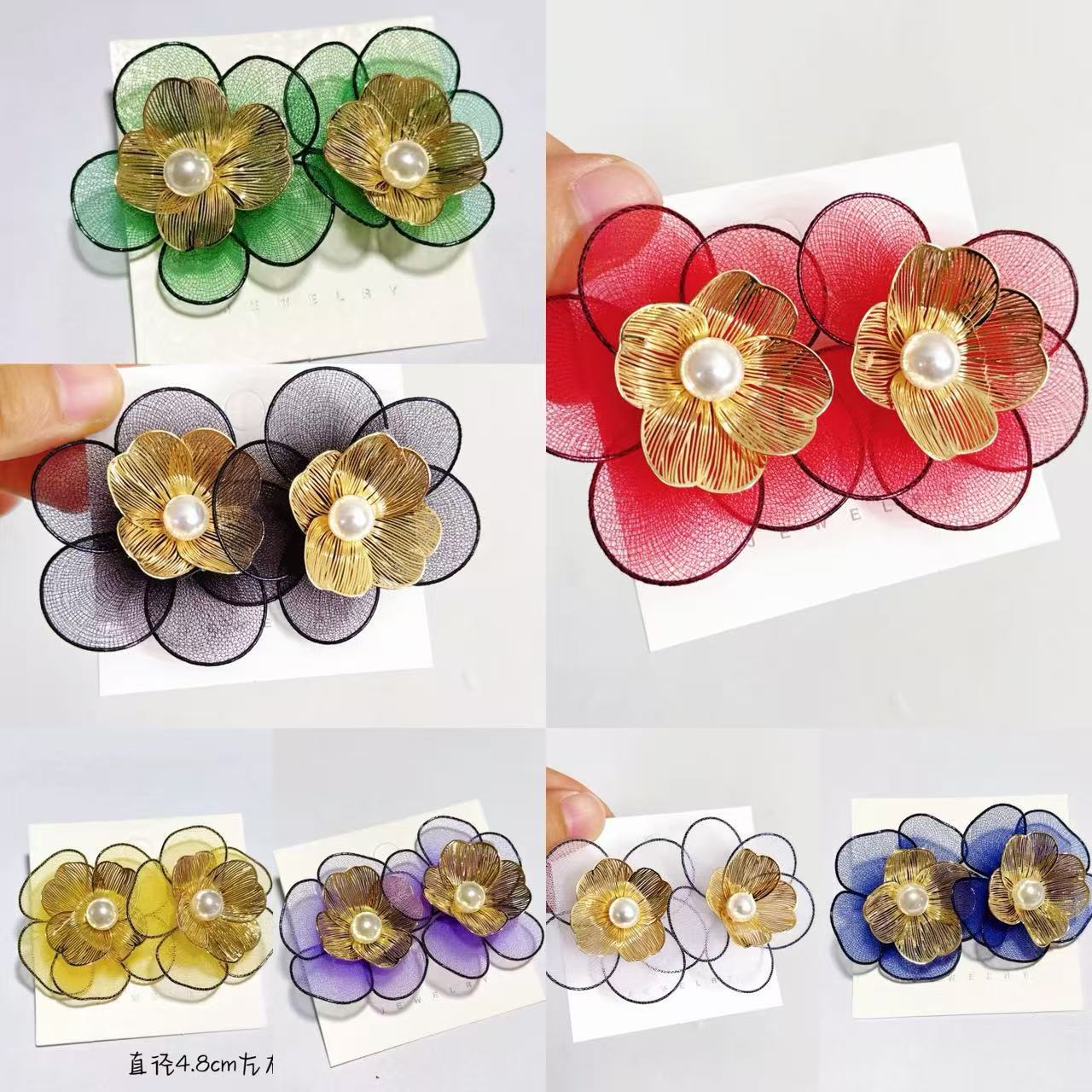 原创新款黄色布艺网纱珍珠花朵耳环 手工彩色花卉电脑片耳坠跨境